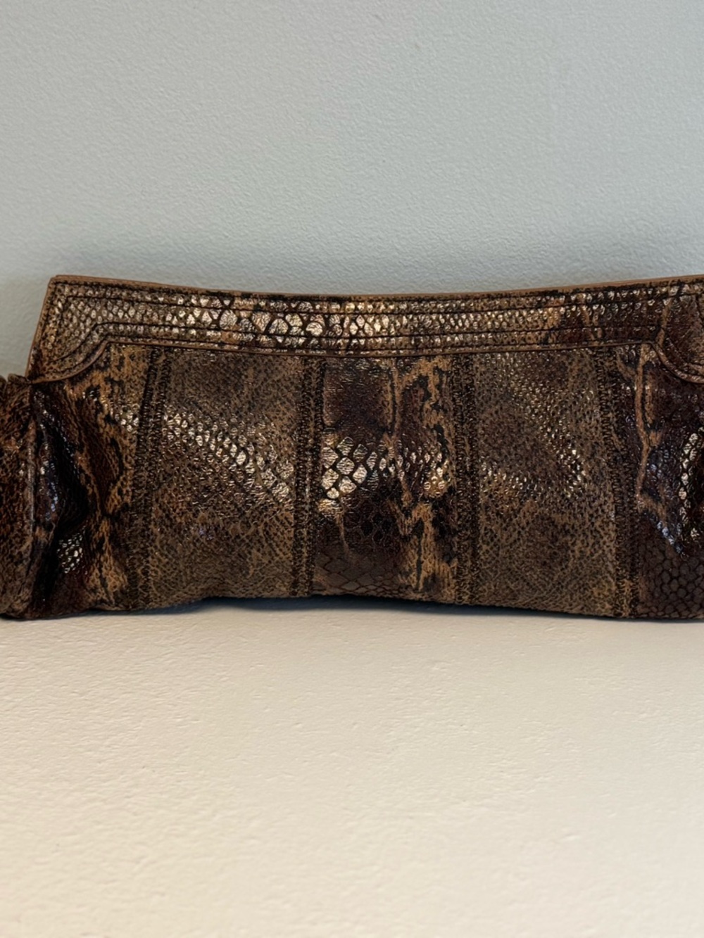 Minicci Snake Skin Patterned Faux Leather Clutch, Brown, 12"x5.5"x2"